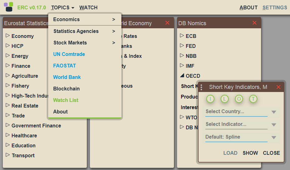 Screencast of web app ERC with topics menu slider in sand UI theme